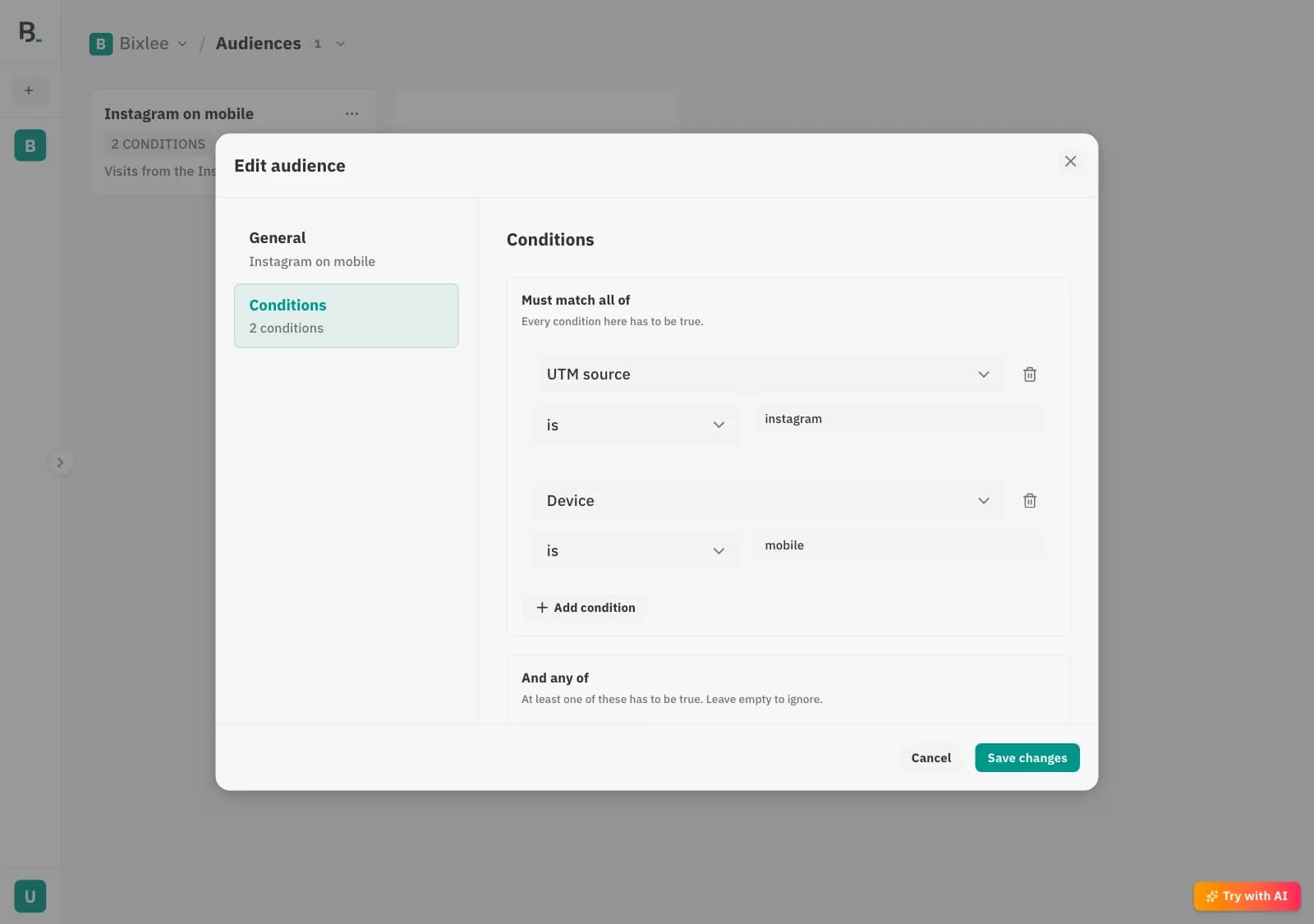 “Instagram on mobile” audience dialog, Conditions section: UTM source is instagram and Device is mobile.