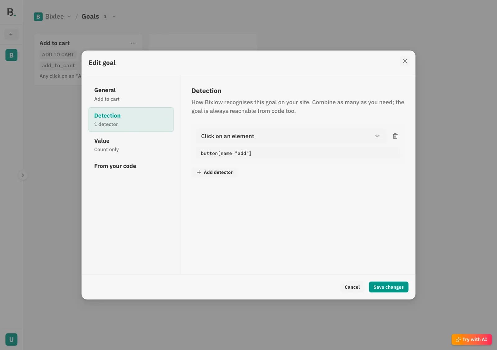 “Add to cart” goal dialog, Detection section: a click detector on button[name="add"].