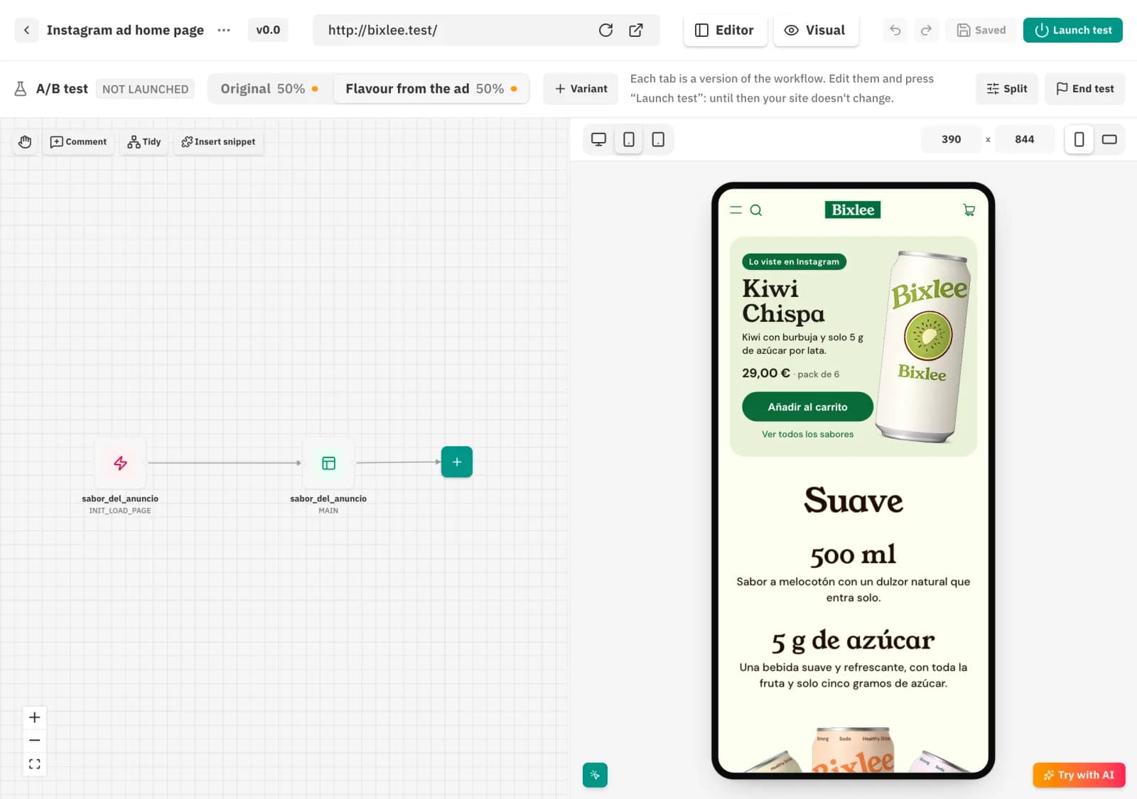 Workflow editor in A/B test mode, “Flavour from the ad” tab, with a trigger and an inject action, and the mobile preview of Bixlee showing the ad block.