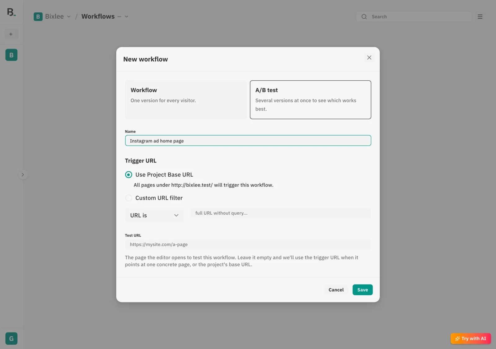“New workflow” dialog with the “A/B test” option selected.