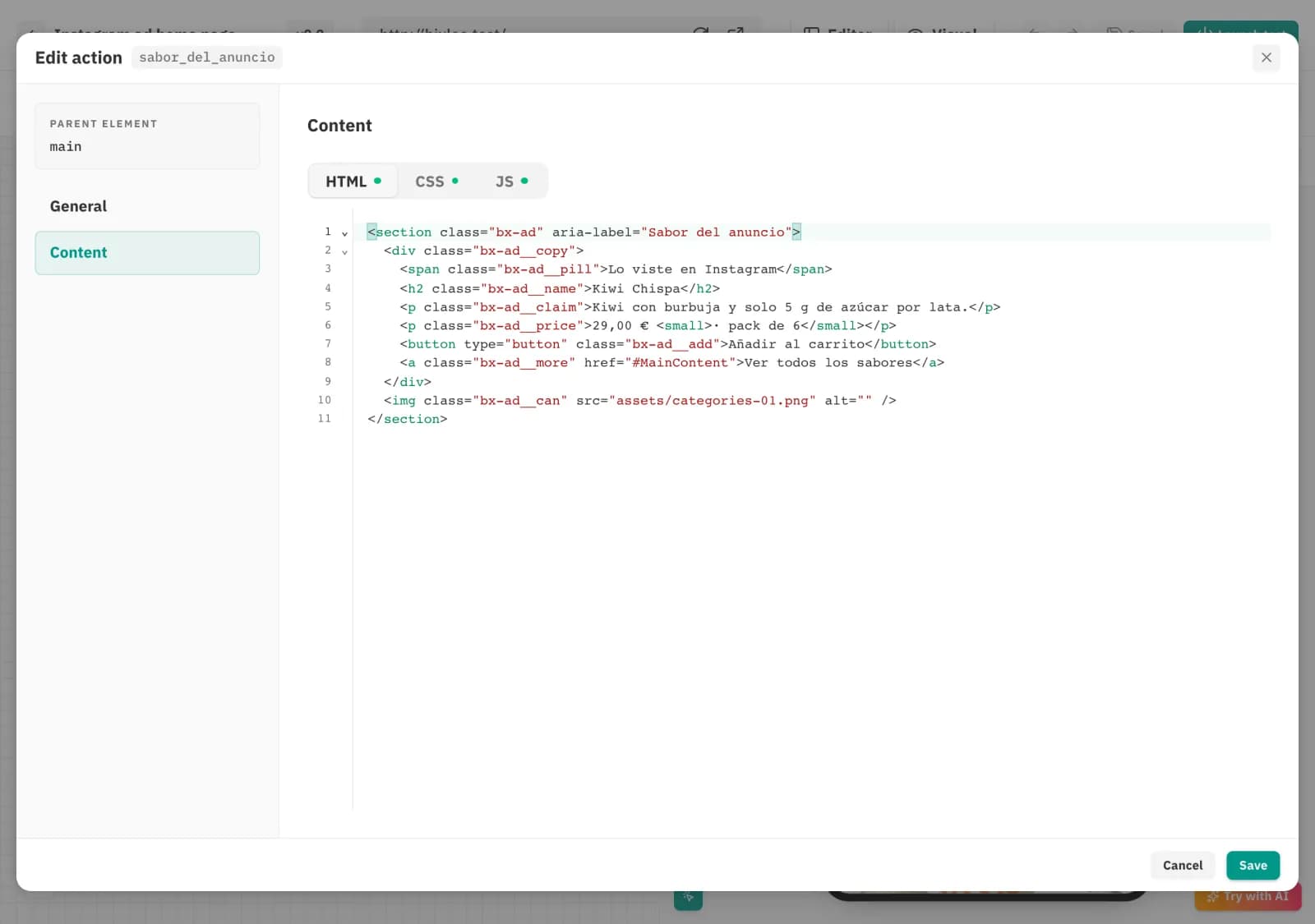 Inject action settings: parent element main and the block's HTML.