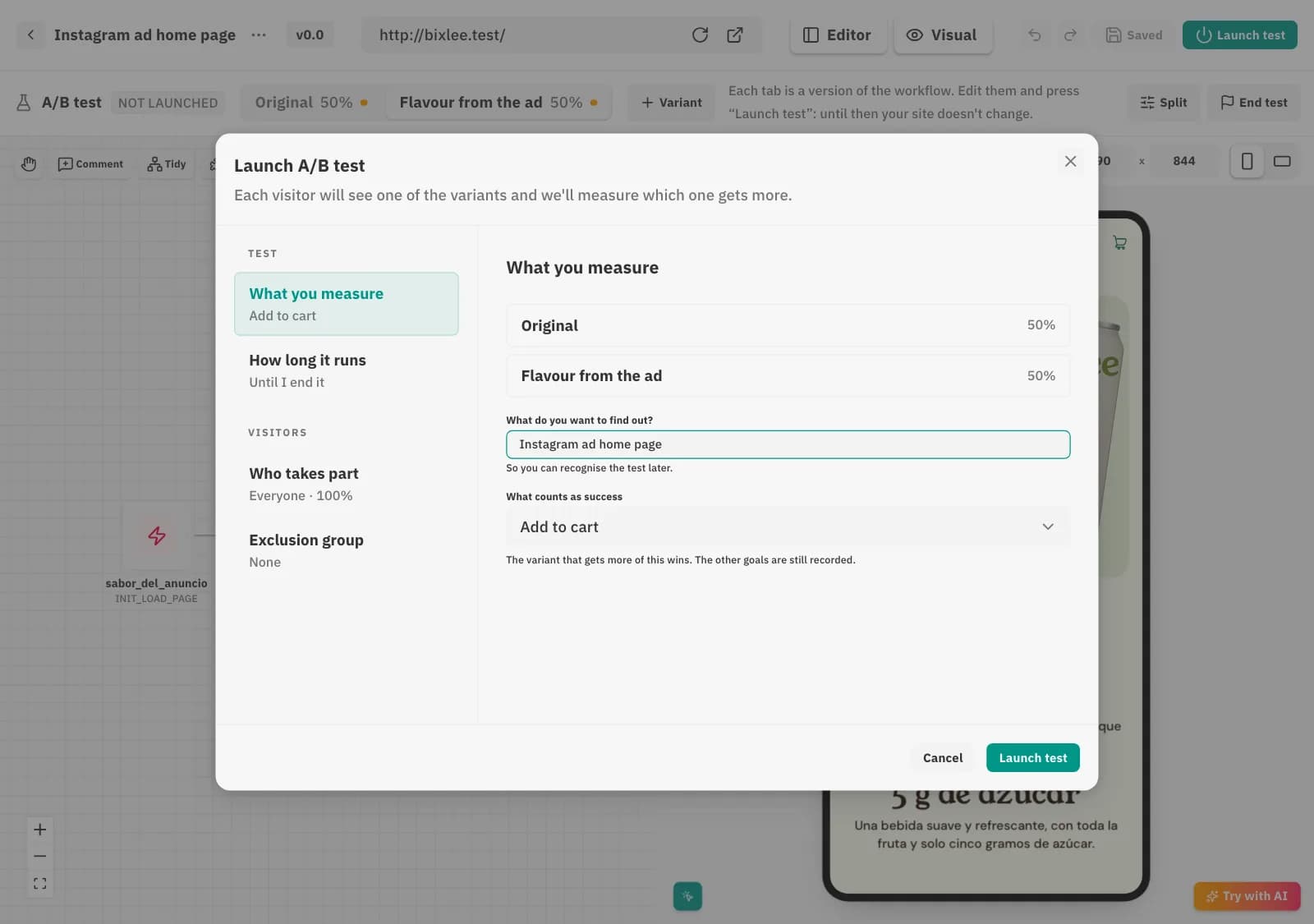 “Launch A/B test” dialog, What you measure section: Original 50%, Flavour from the ad 50% and goal “Add to cart”.