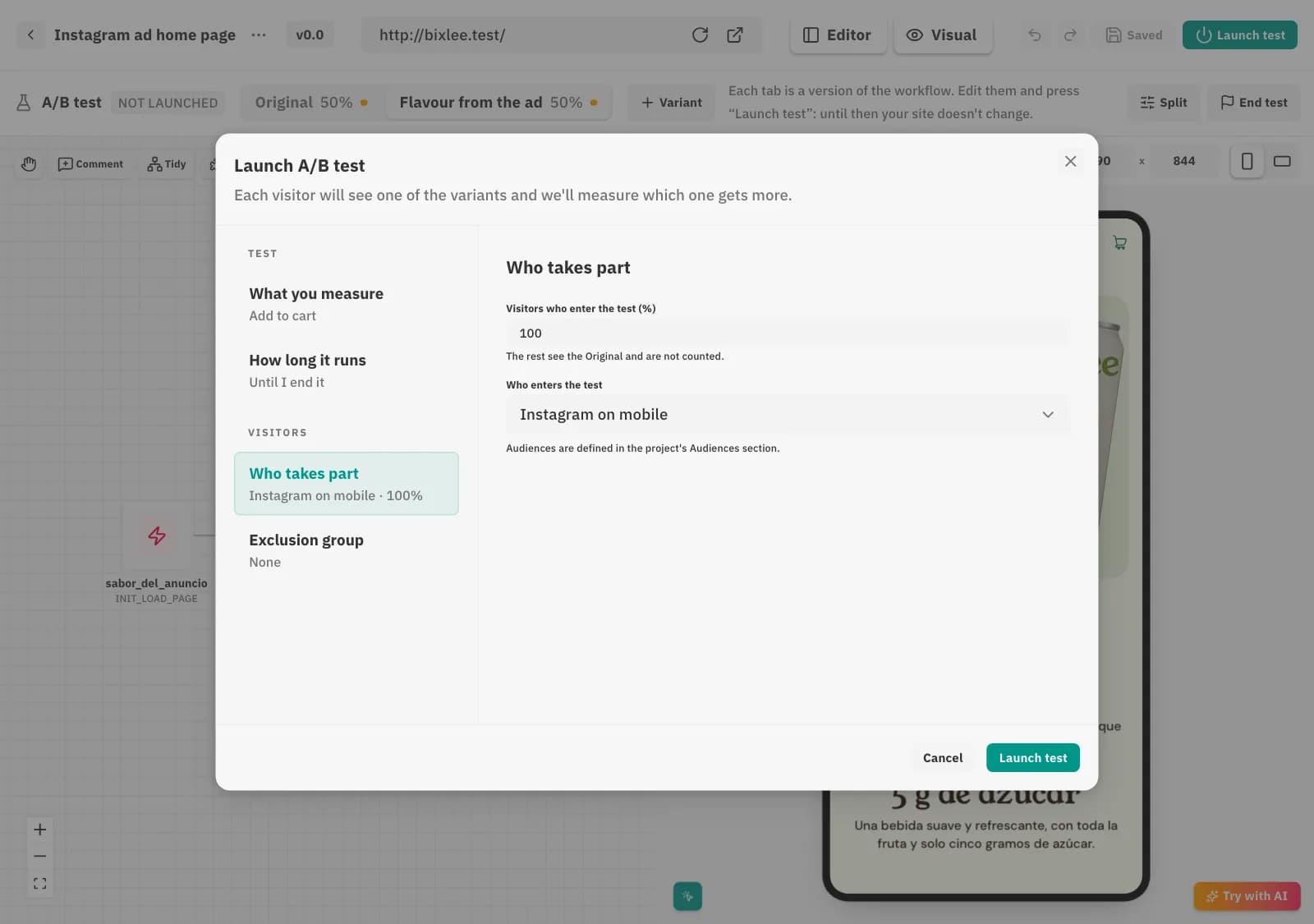 “Launch A/B test” dialog, Who takes part section: 100% of the visitors in the “Instagram on mobile” audience.