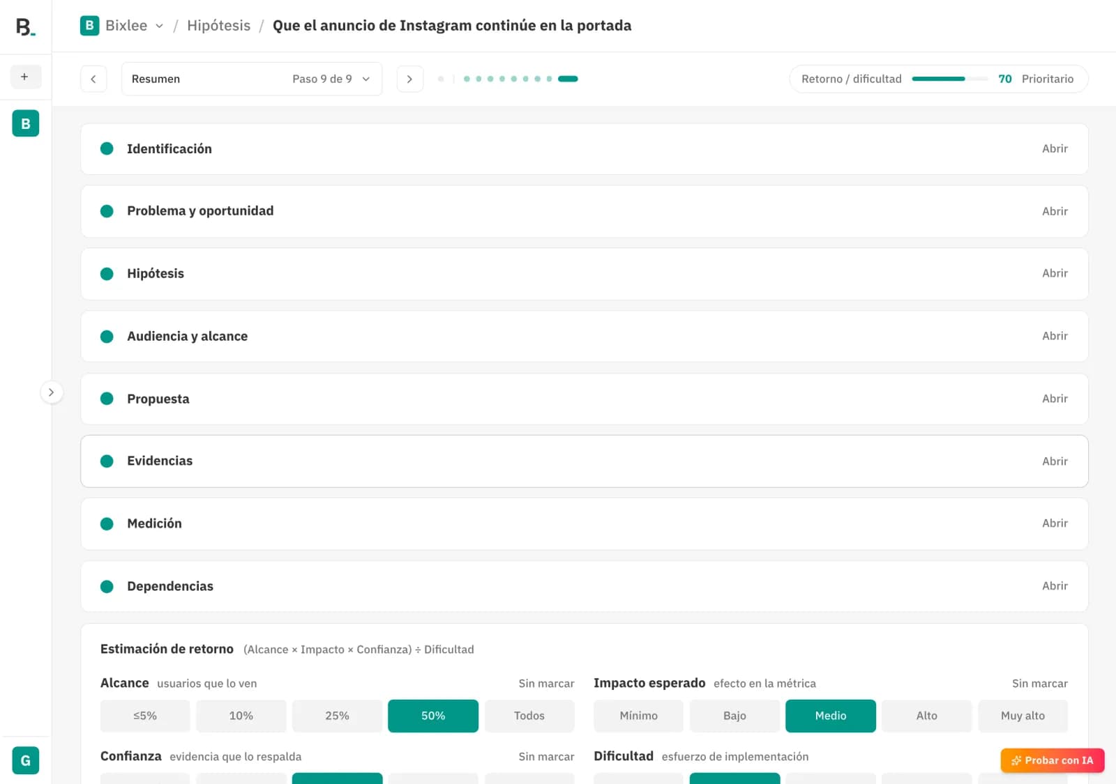 Resumen del brief con todas las secciones completas y la estimación de retorno.
