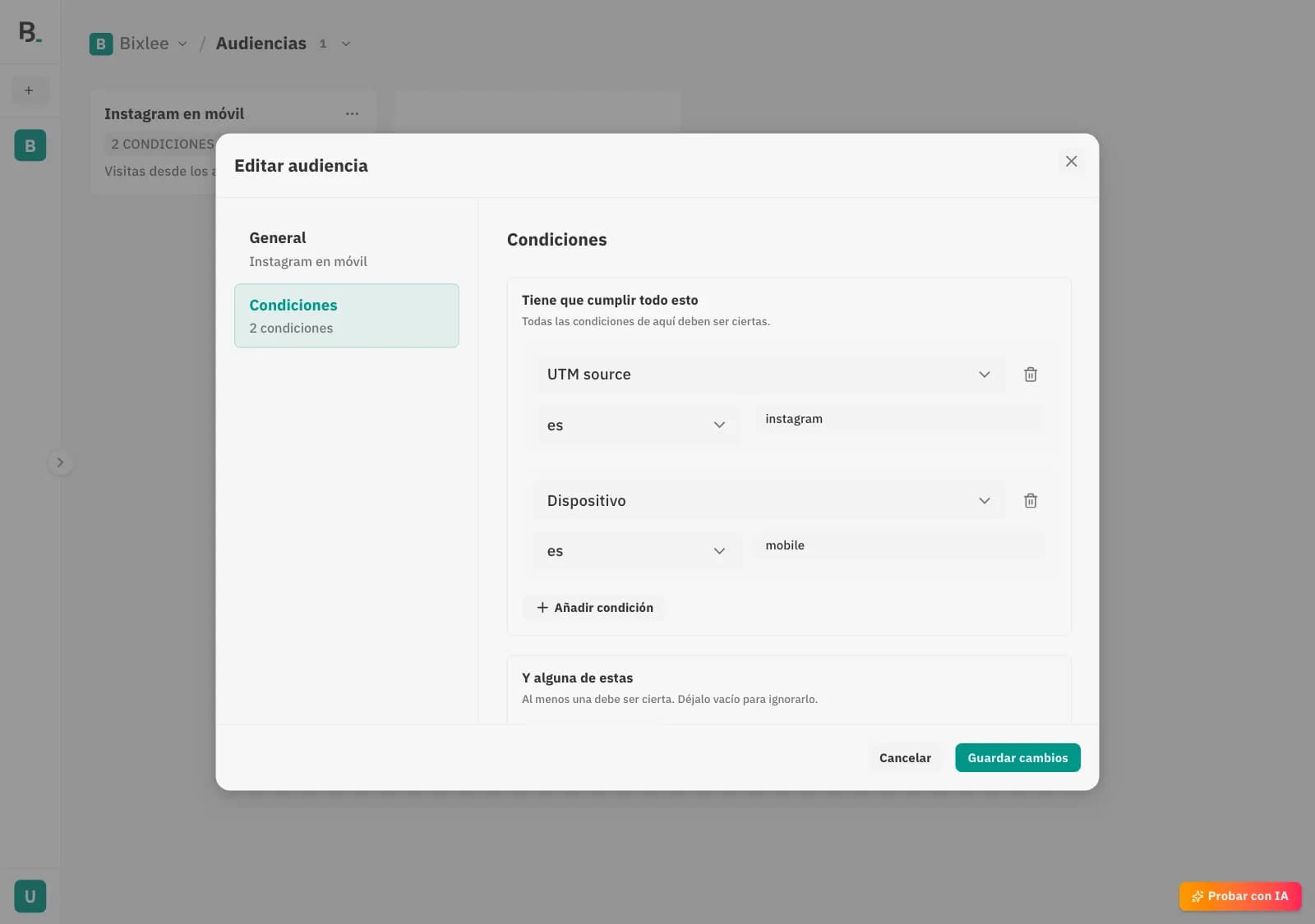 Diálogo de audiencia «Instagram en móvil», sección Condiciones: UTM source es instagram y Dispositivo es mobile.