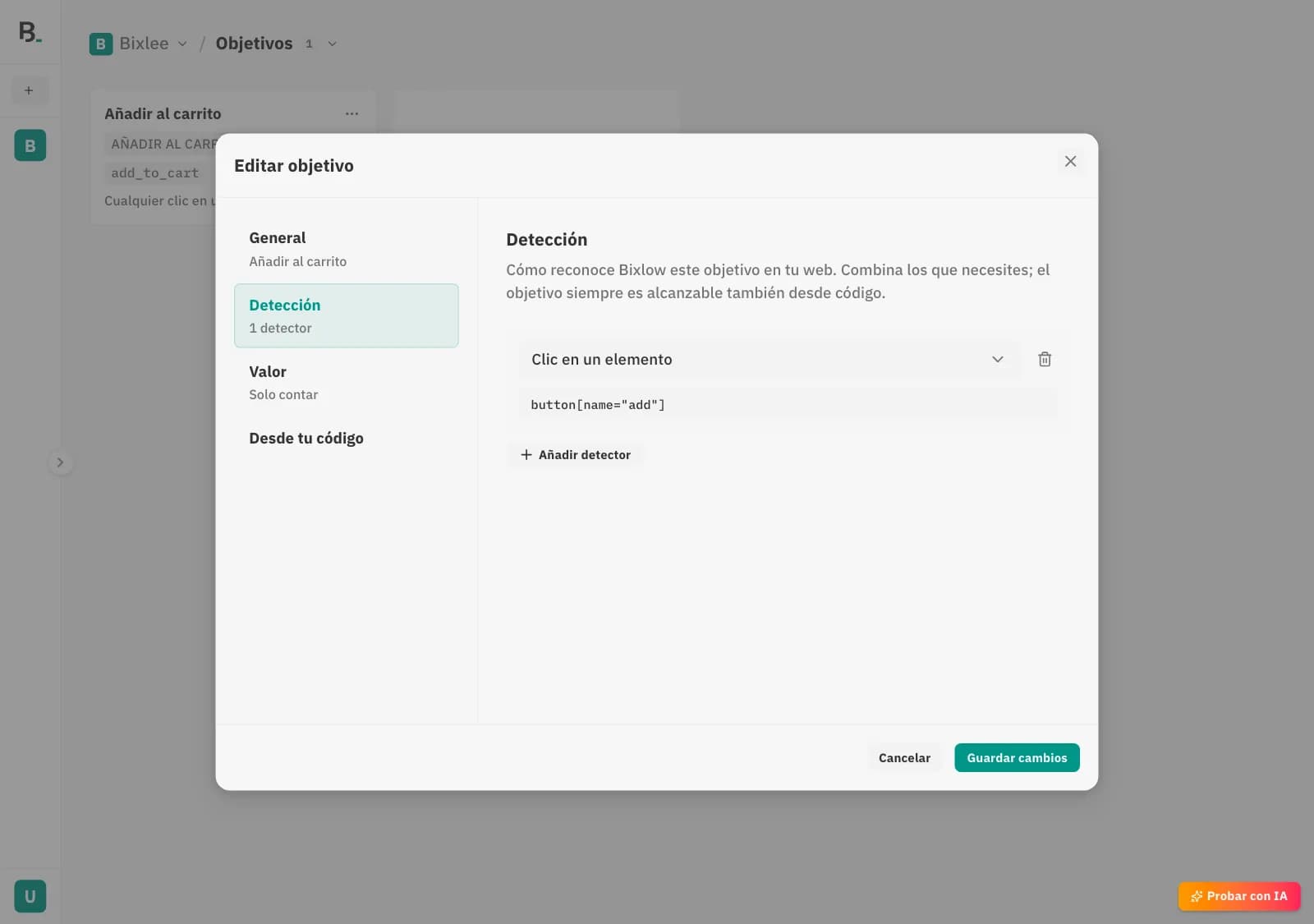 Diálogo del objetivo «Añadir al carrito», sección Detección: un detector de clic sobre button[name="add"].