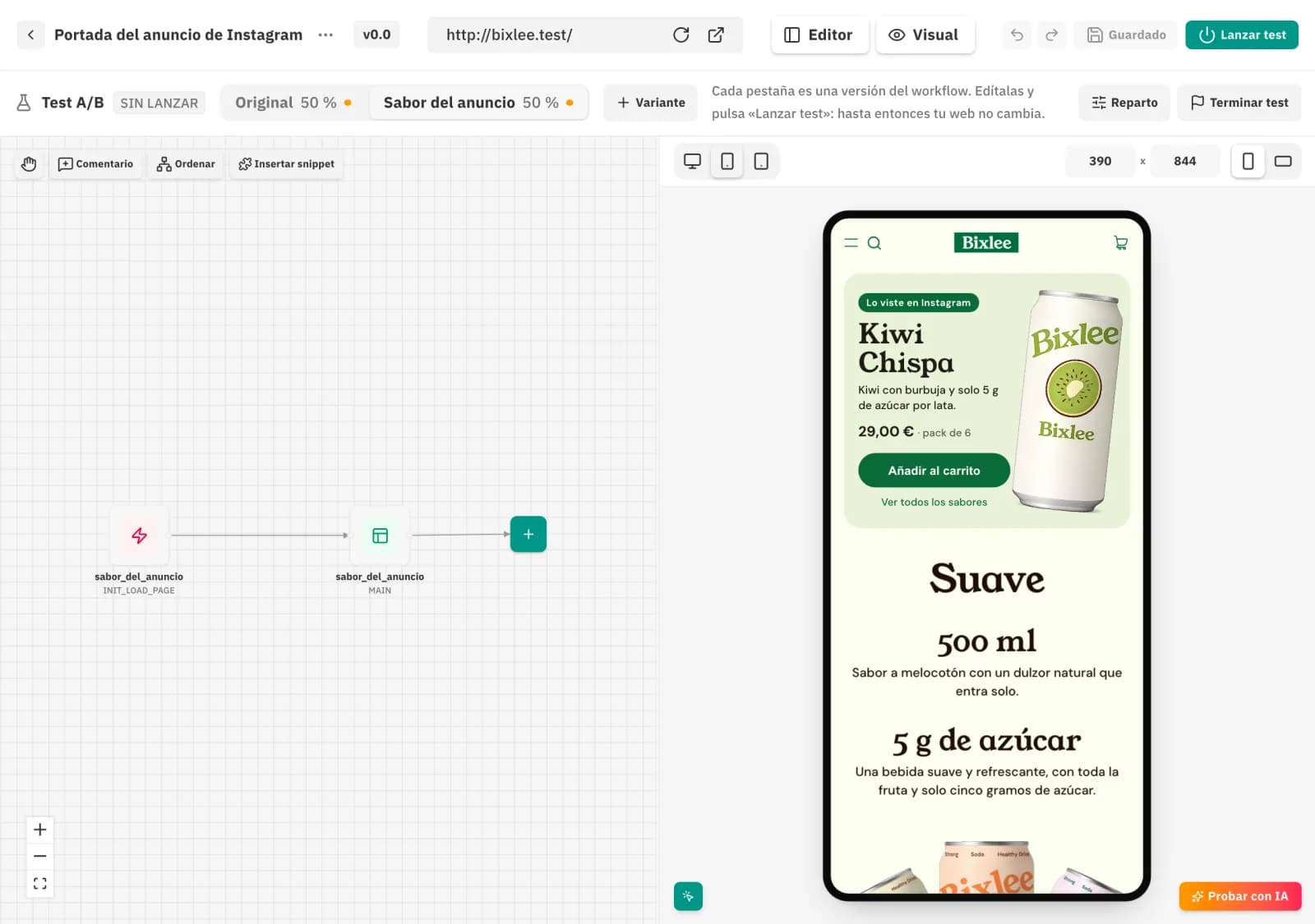 Editor del workflow en modo test A/B, pestaña «Sabor del anuncio», con un disparador y una acción de inyectar, y la vista previa móvil de Bixlee con el bloque del anuncio.