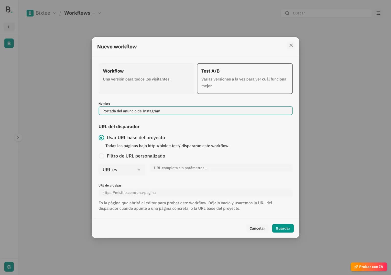 Diálogo «Nuevo workflow» con la opción «Test A/B» seleccionada.