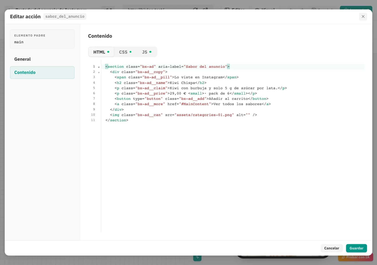 Configuración de la acción de inyectar: elemento padre main y el HTML del bloque.