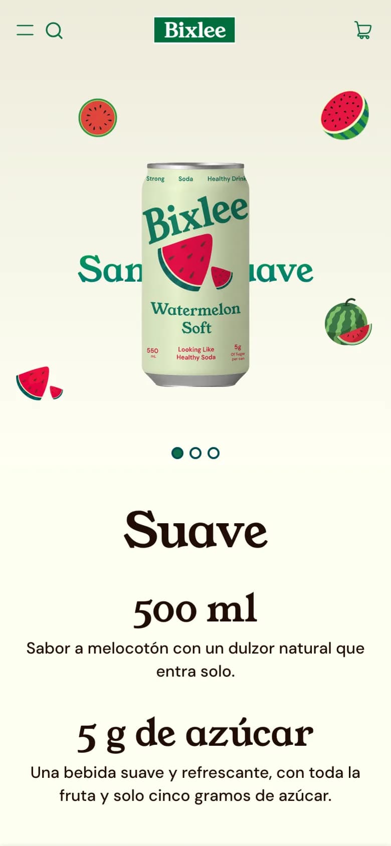 Bixlee home page on a phone, opening with the watermelon carousel.