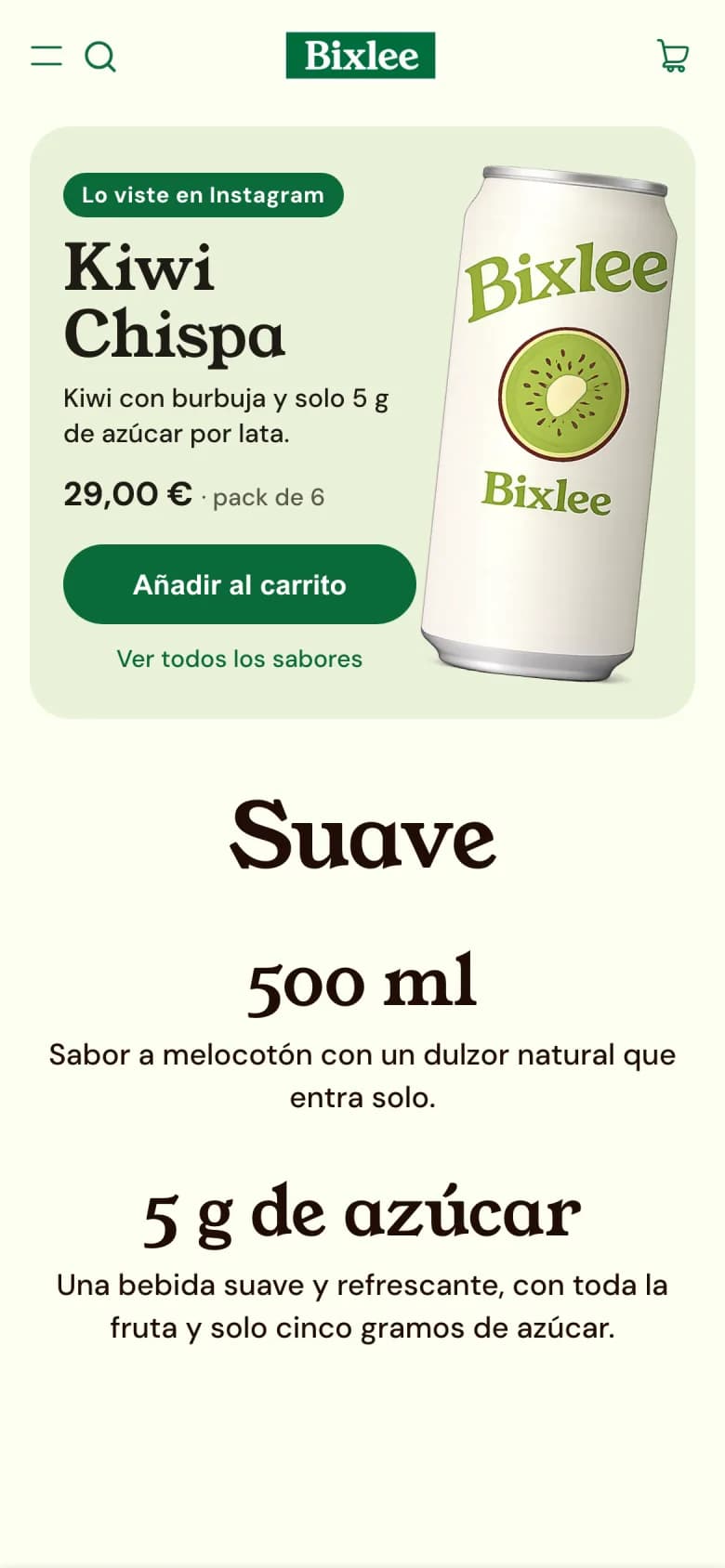 Bixlee home page on a phone with a block on top: “Lo viste en Instagram”, Kiwi Chispa, €29.00, an “Añadir al carrito” button.