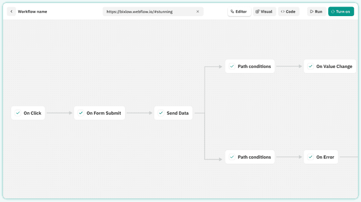 Bixlow workflow editor showing an automated flow with path conditions