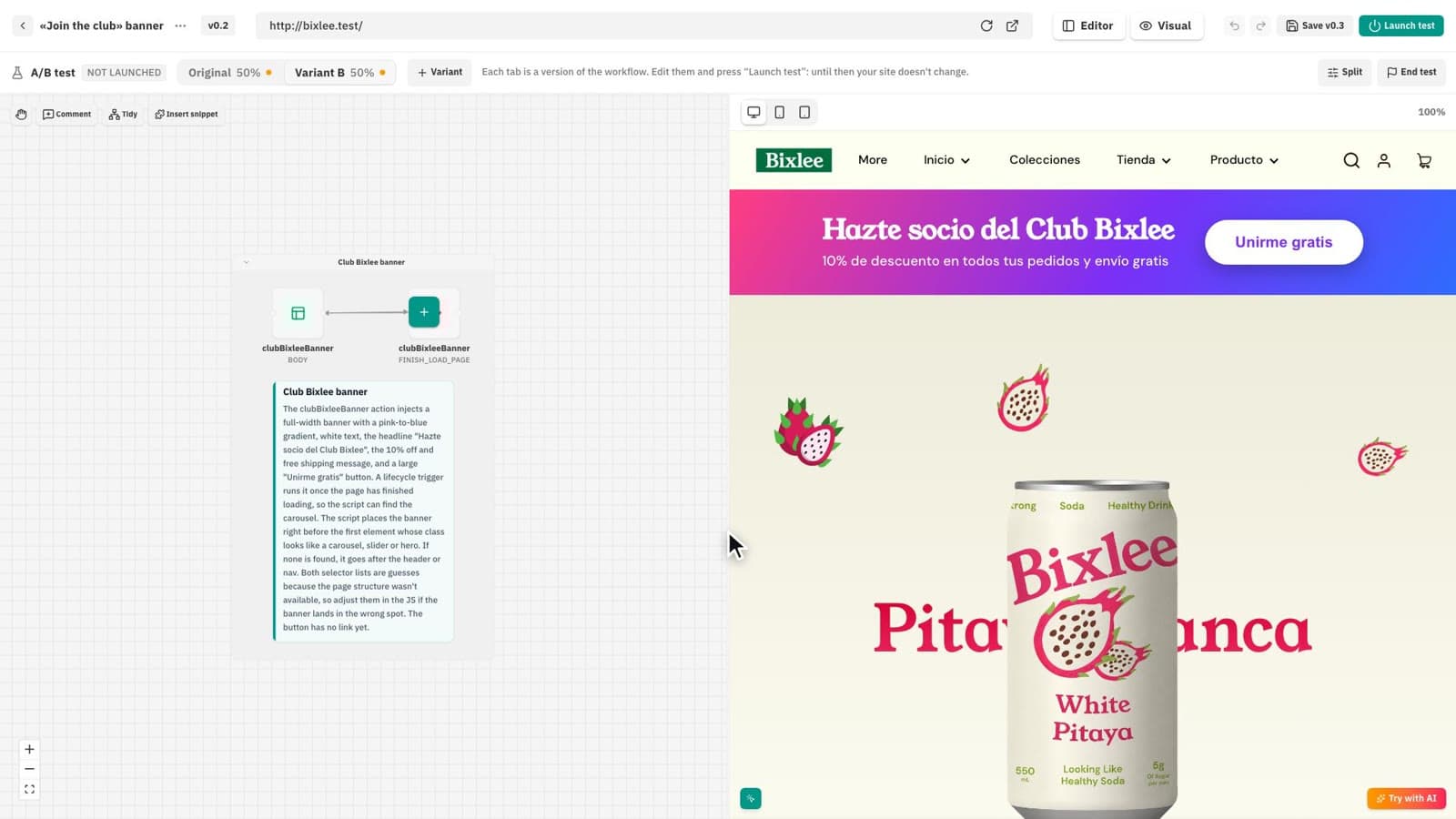 Bixlow's AI building a banner on an online store from a prompt