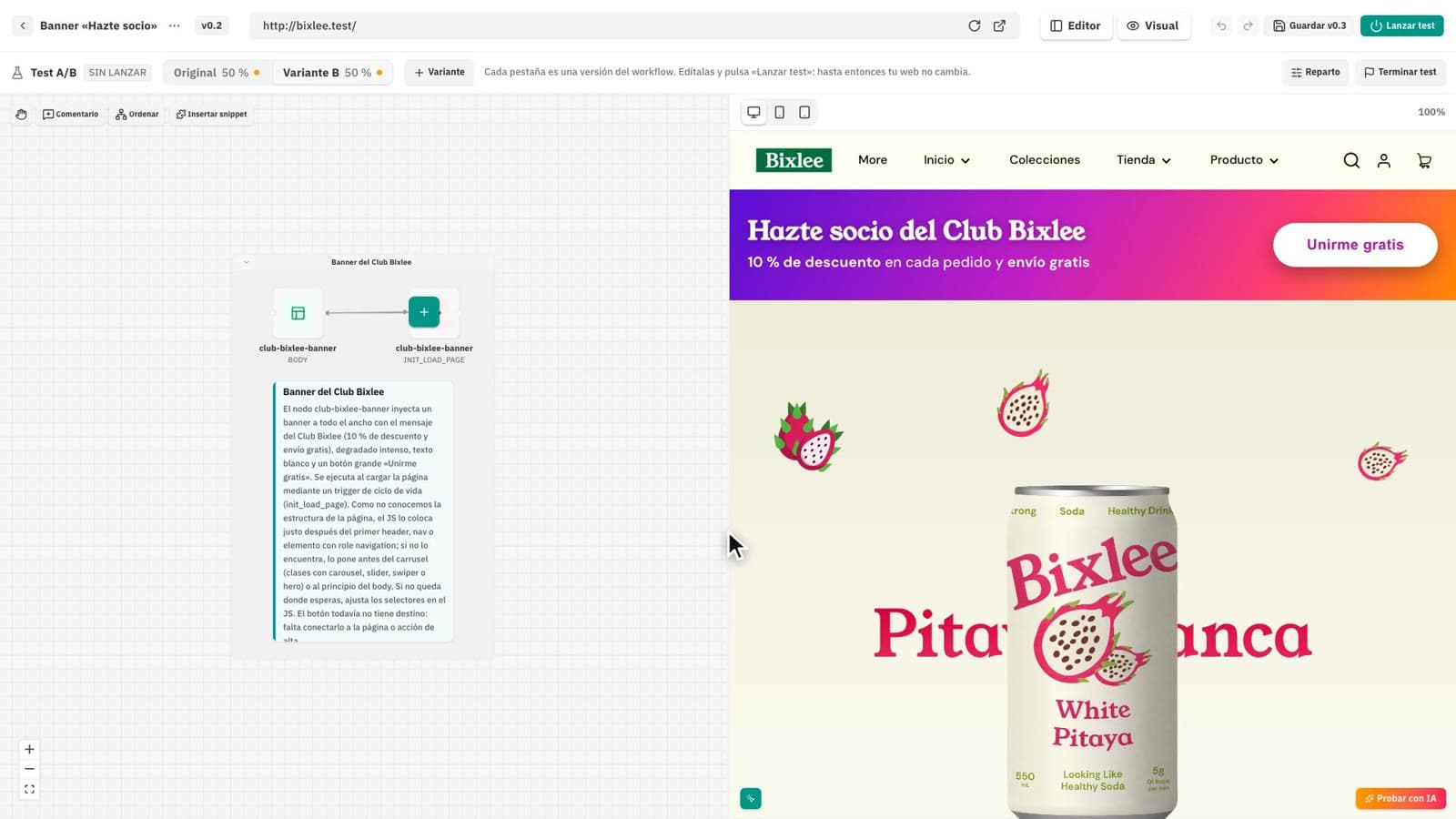 La IA de Bixlow construye un banner sobre una tienda online a partir de un prompt